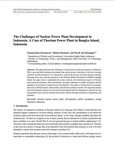 The Challenges of Nuclear Power Plant Development in Indonesia: A Case of Thorium Power Plant in Bangka Island, Indonesia